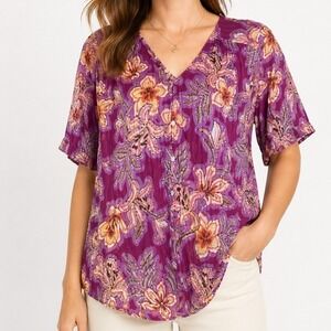 LOFT Women's Blouse Size L Purple Magenta Floral Paisley Short Sleeve V Neck Top